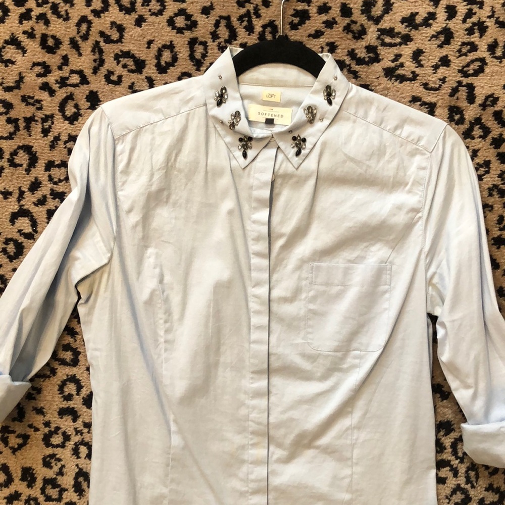 Linen Jeweled Collar  Button Down Shirt